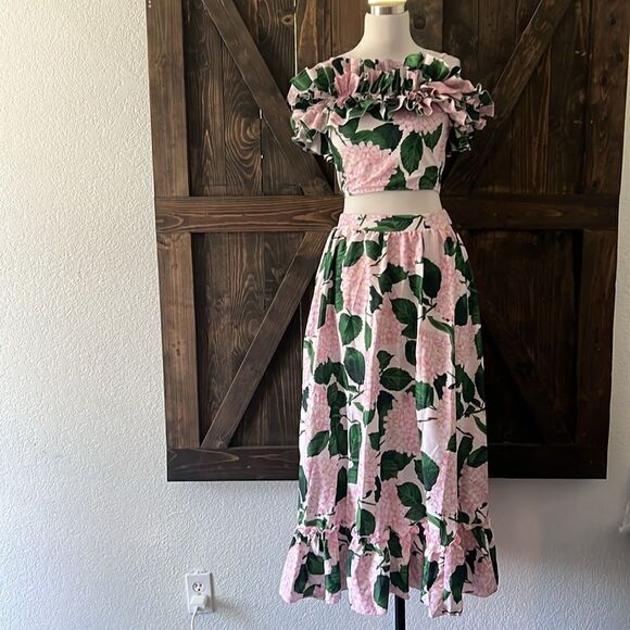 New Green Floral Print Beach Long Maxi Skirt Resort Casual Romantic Ruffle Top - Picture 5 of 16